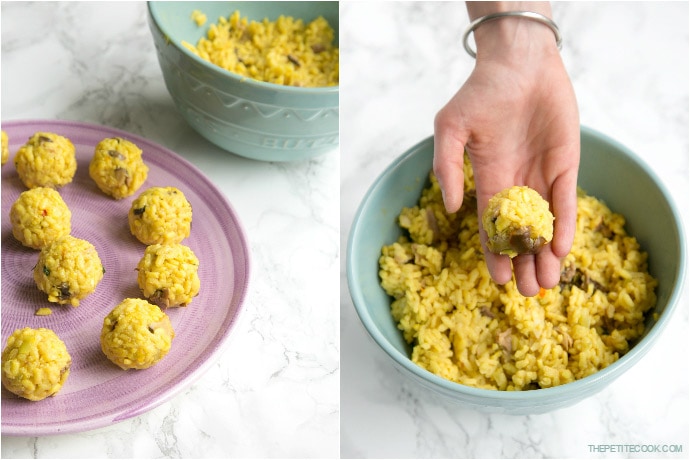 recipe step 1 and 2 collage: first image shows prepared mushroom arancini without coating, second image shows hand holding a risotto ball over a bowl with leftover risotto.