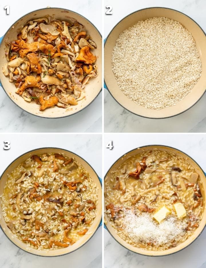 collage of four images showing the four steps to make wild mushroom risotto.