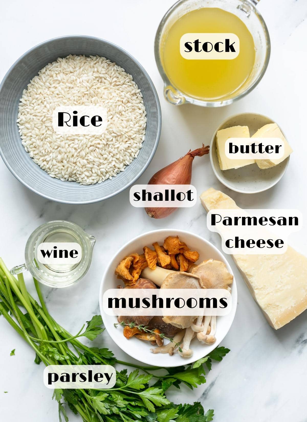wild mushroom risotto ingredients: rice, mushrooms, parmesan, butter, stock, wine, shallot, parsley.