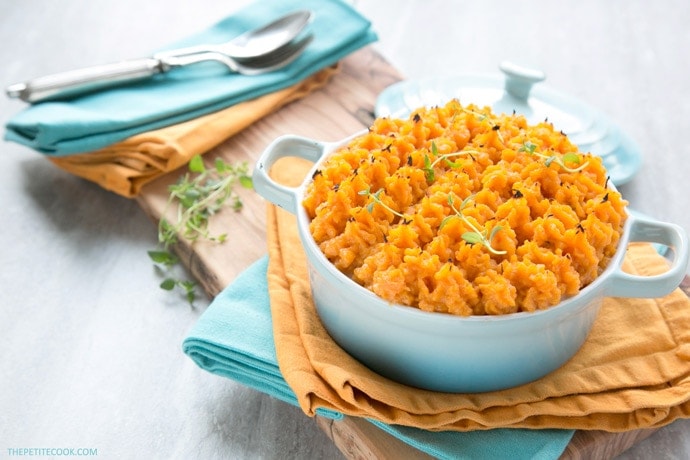 sweet potato cottage pie in a serving pot.
