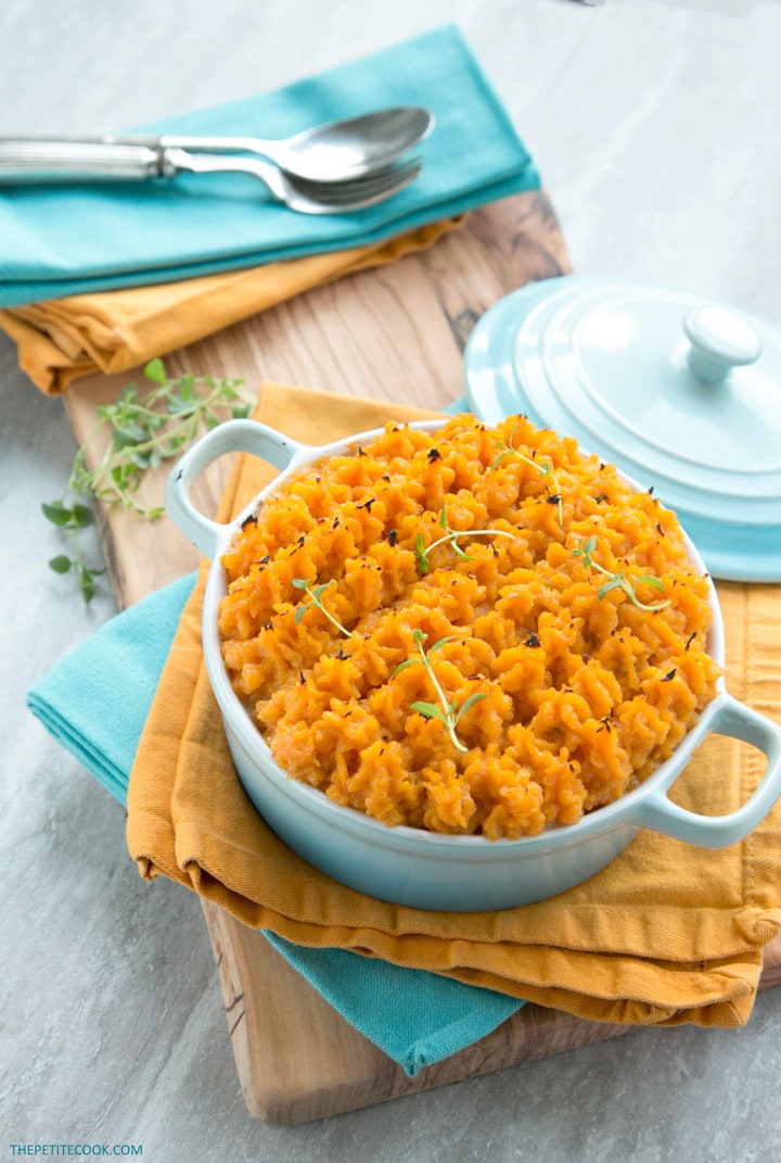 sweet potato chicken cottage pie in a serving pot.