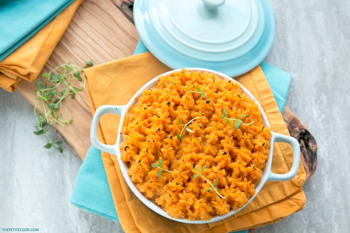 sweet potato chicken cottage pie in a serving pot.