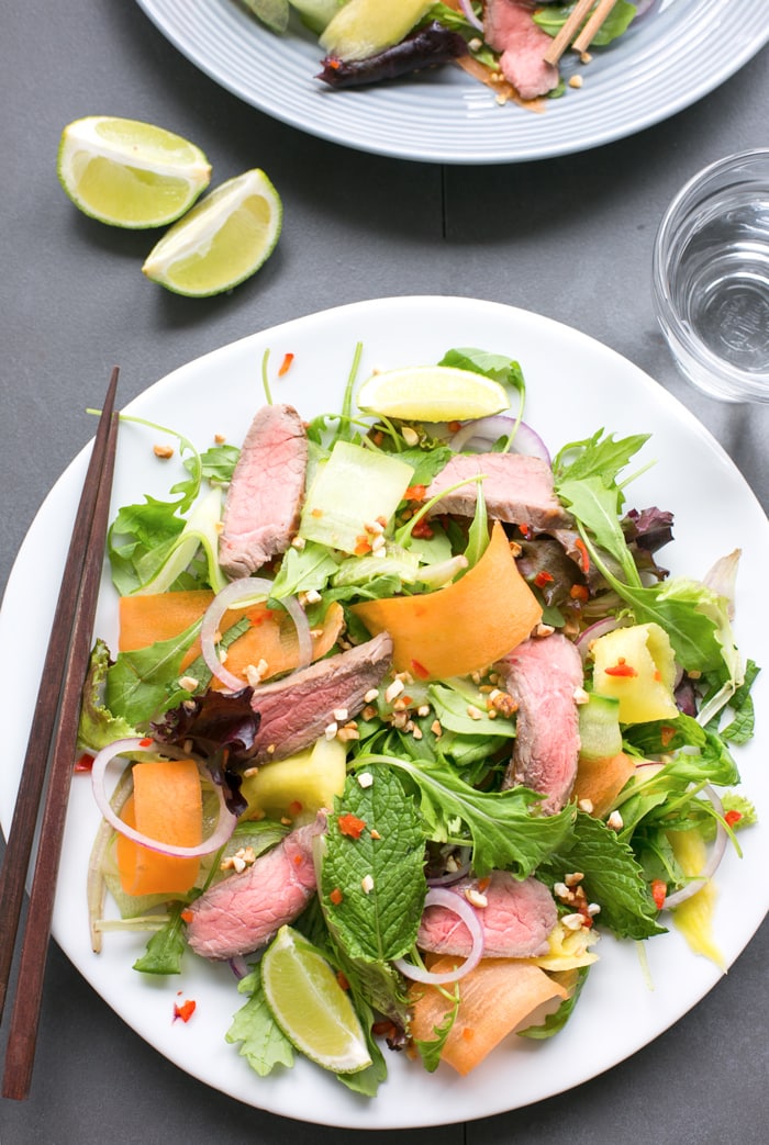 Bursting with flavors, this gluten-free Asian Beef Salad is ready in just 15 min and loaded with protein-rich beef, healthy veggies and fresh herbs - The perfect balanced meal to enjoy on a busy day!