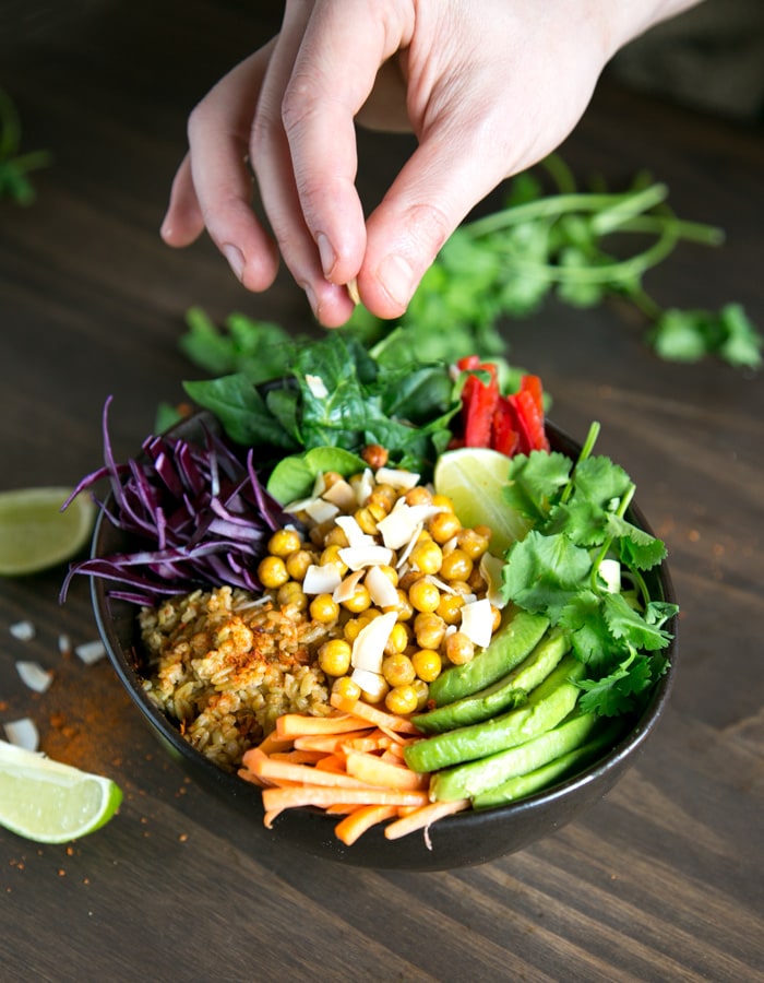 Full of greens, fiber and protein this vegan Spicy Chickpea Freekeh Buddha Bowl is the ultimate healthy lunch or dinner. It’s ready in 30 minutes and packed with fresh flavors! Recipe from The Petite Cook