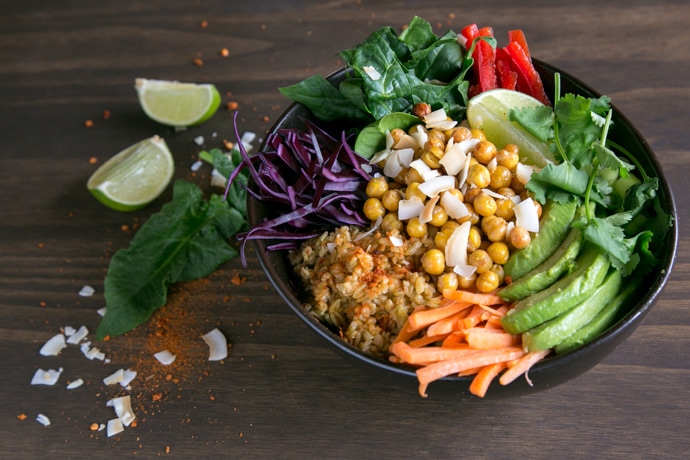 Full of greens, fiber and protein this vegan Spicy Chickpea Freekeh Buddha Bowl is the ultimate healthy lunch or dinner. It’s ready in 30 minutes and packed with fresh flavors! Recipe from The Petite Cook