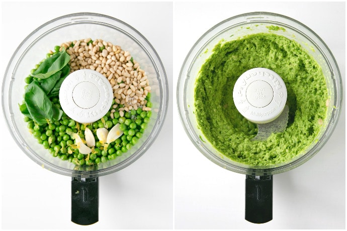 pea pesto recipe process in 2 images: first image shows all the ingredients in a food processor, the second images shows all the ingredients blended into pea pesto sauce