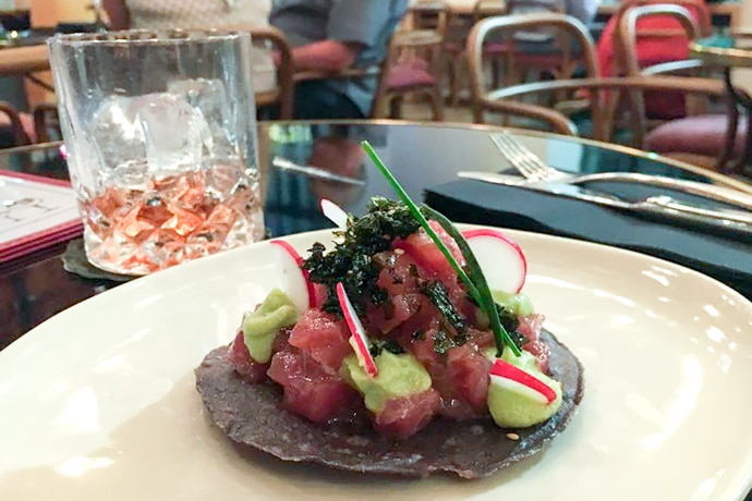 tuna tartare tostada on plate