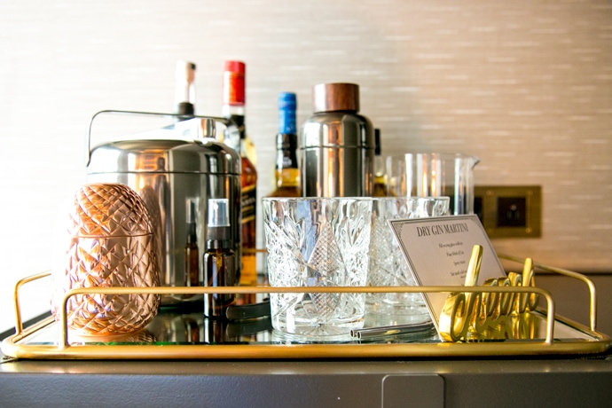 tray with spirit bottles and glasses