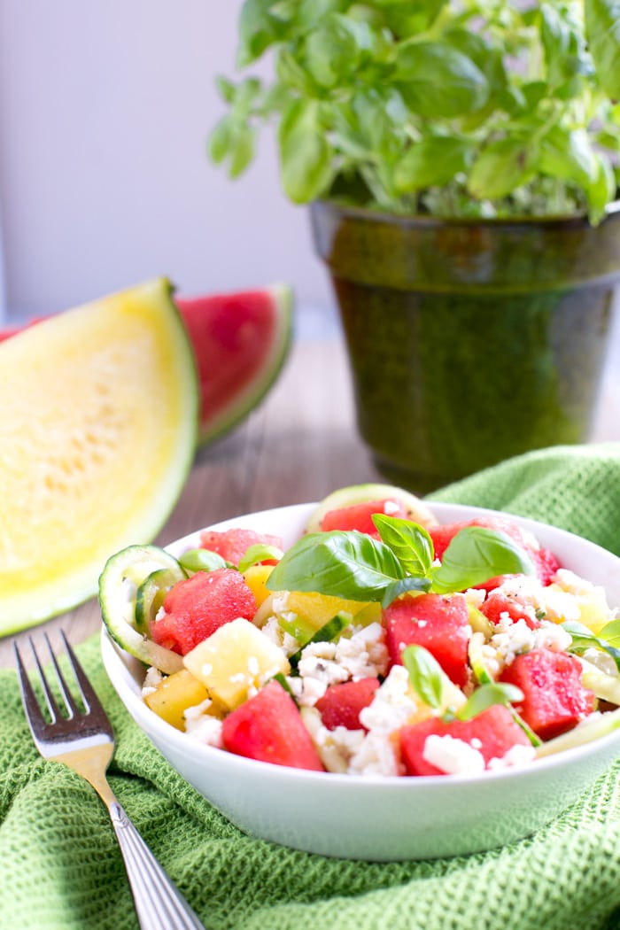 This super easy, fresh and juicy Watermelon Feta Salad is vegetarian and gluten-free - A great quick side to enjoy all summer long! Recipe by The Petite Cook