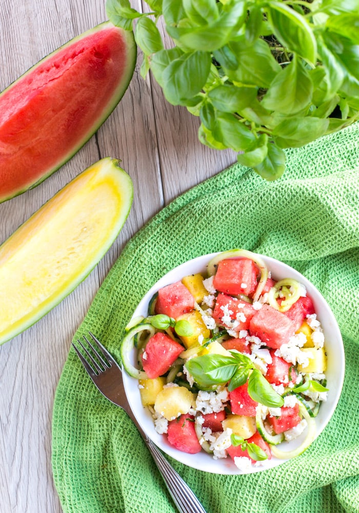This super easy, fresh and juicy Watermelon Feta Salad is vegetarian and gluten-free - A great quick side to enjoy all summer long! Recipe by The Petite Cook