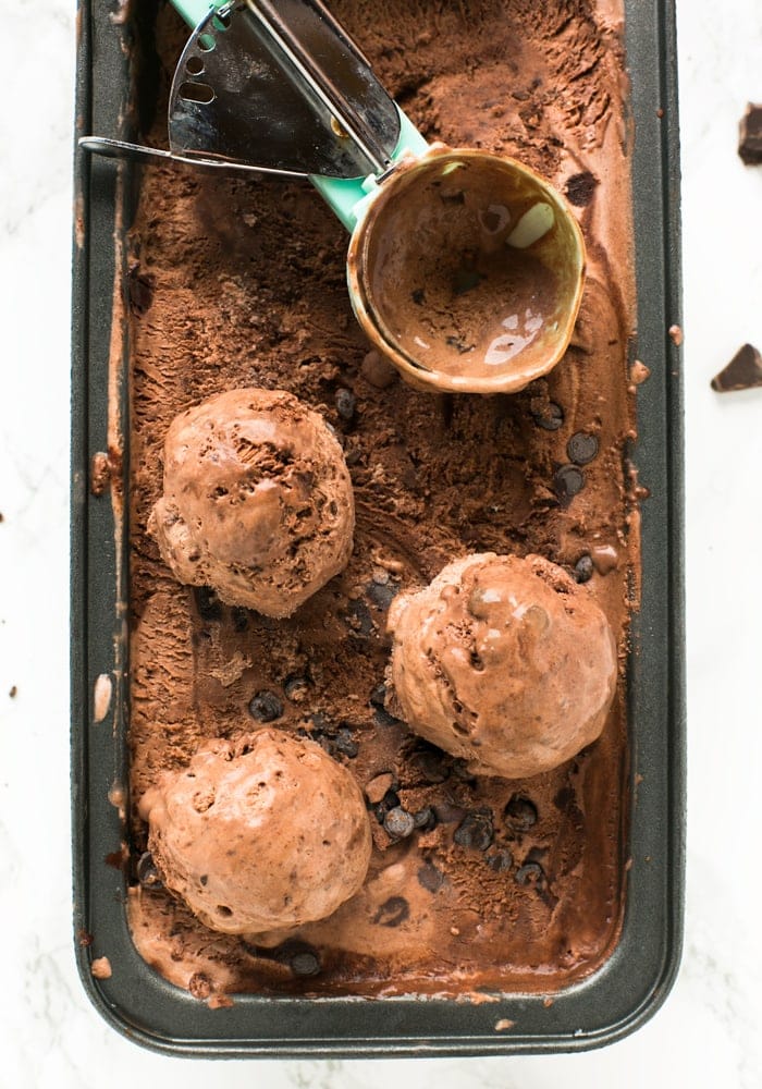 three balls of chocolate ice cream next to scoop on top of ice cream container