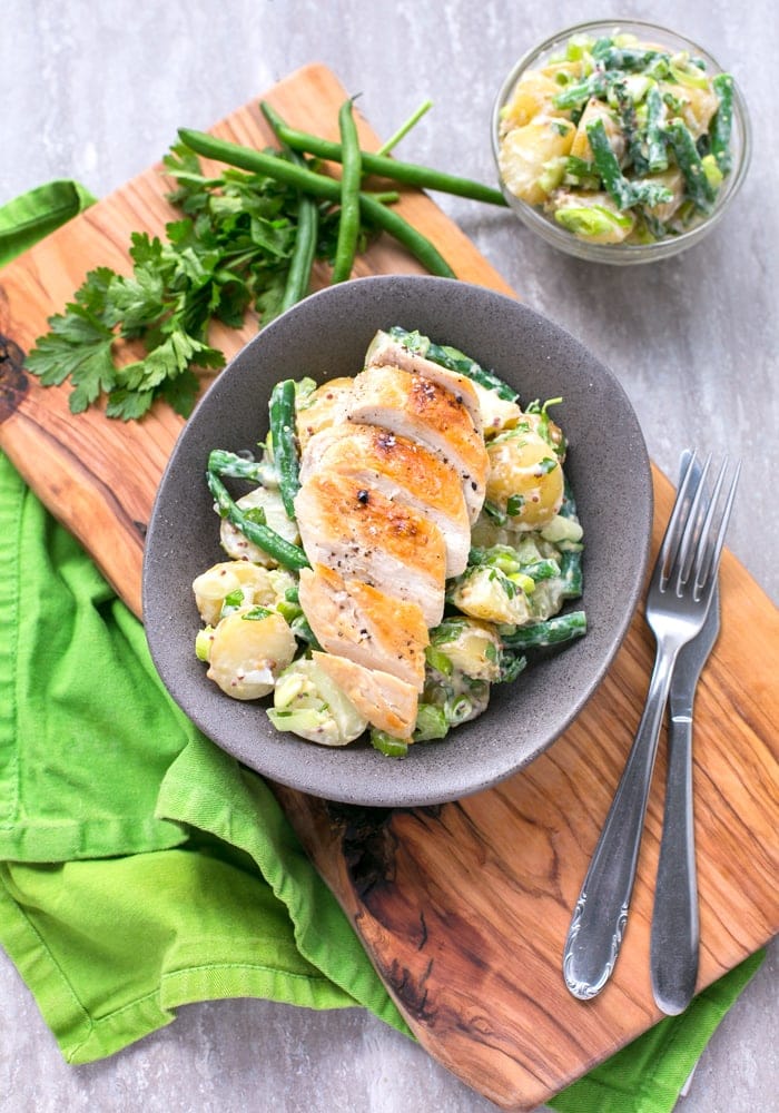 Grilled chicken with green bean potato salad.