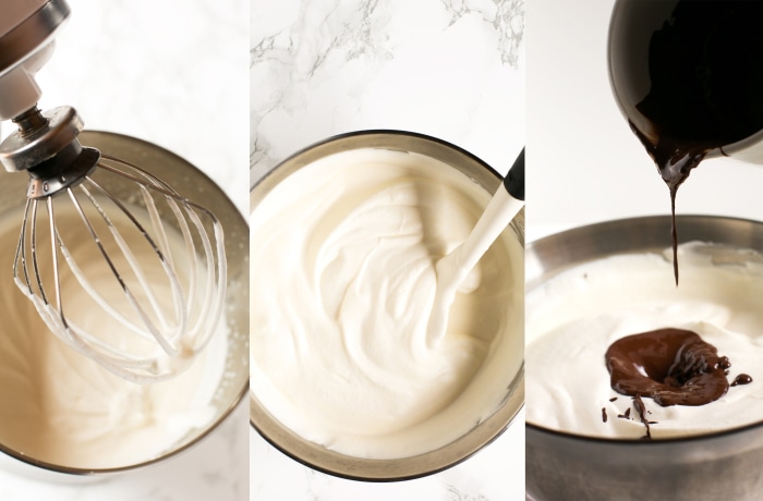 collage of recipe process: first image shows cream in a food processor, second image cream and condensed milk in a bowl, third image shows melted chocolate being poured into the bowl.