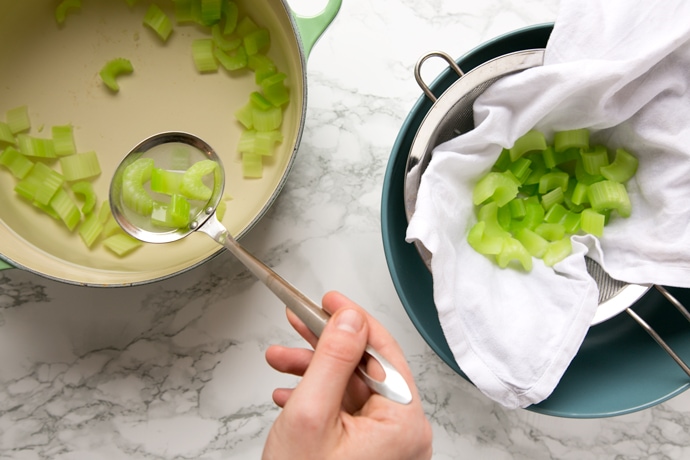 boiled celery and then drained on a colander