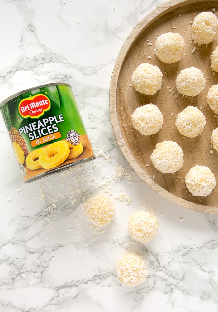 Indian Pineapple Ladoo and a can of pineapple slices