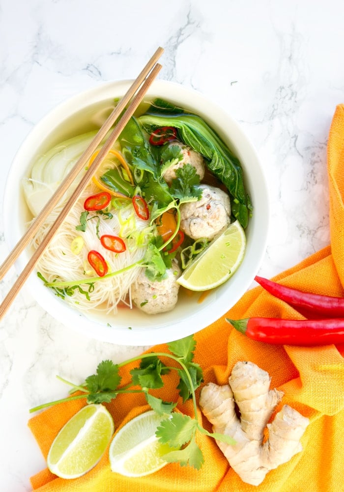 This nourishing Thai Turkey Meatball Soup is loaded with flavour and awesomely gluten-free. The perfect filling meal for cold nights! Recipe by The Petite Cook