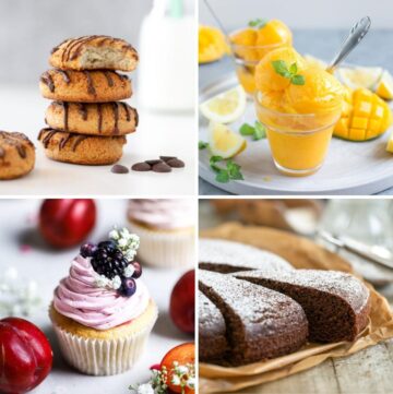 collage of four vegan desserts: vegan cookies, mango sorbet, plum cupcakes, water cake.