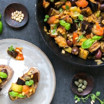 eggplant caponata in a pan.