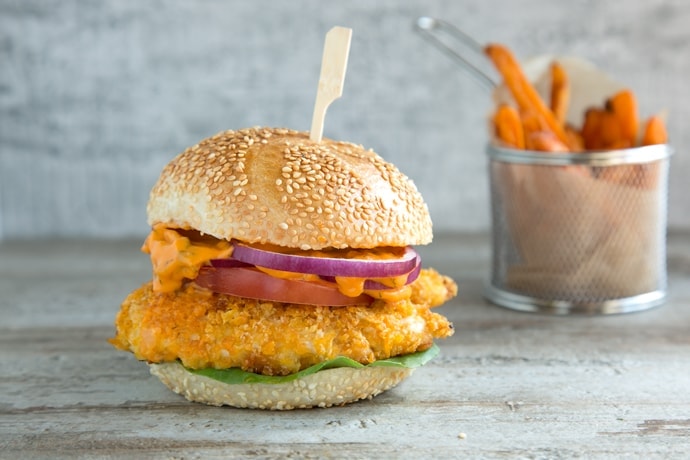 Buttermilk Oven Fried Chicken Burger with Spicy Mayo - The Petite Cook