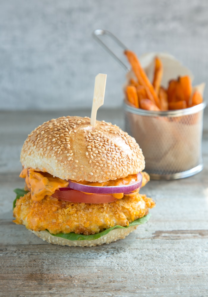 buttermilk oven fried burger with spicy mayo, served with sweet potato fries