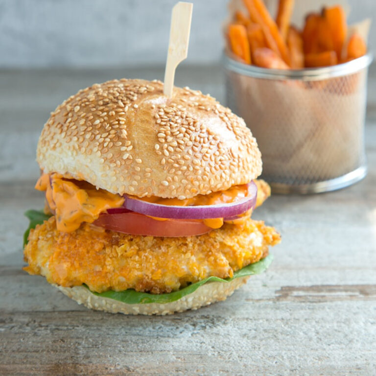 buttermilk oven fried burger with spicy mayo, served with sweet potato fries