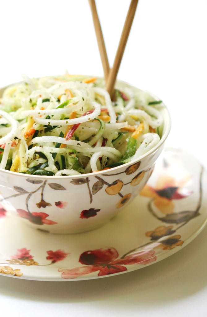 raw spiralized thai salad in a bowl