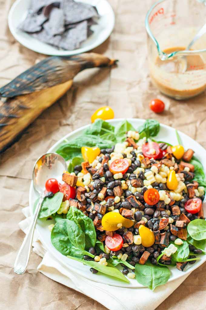 roasted swet potato bowl with beans and corn