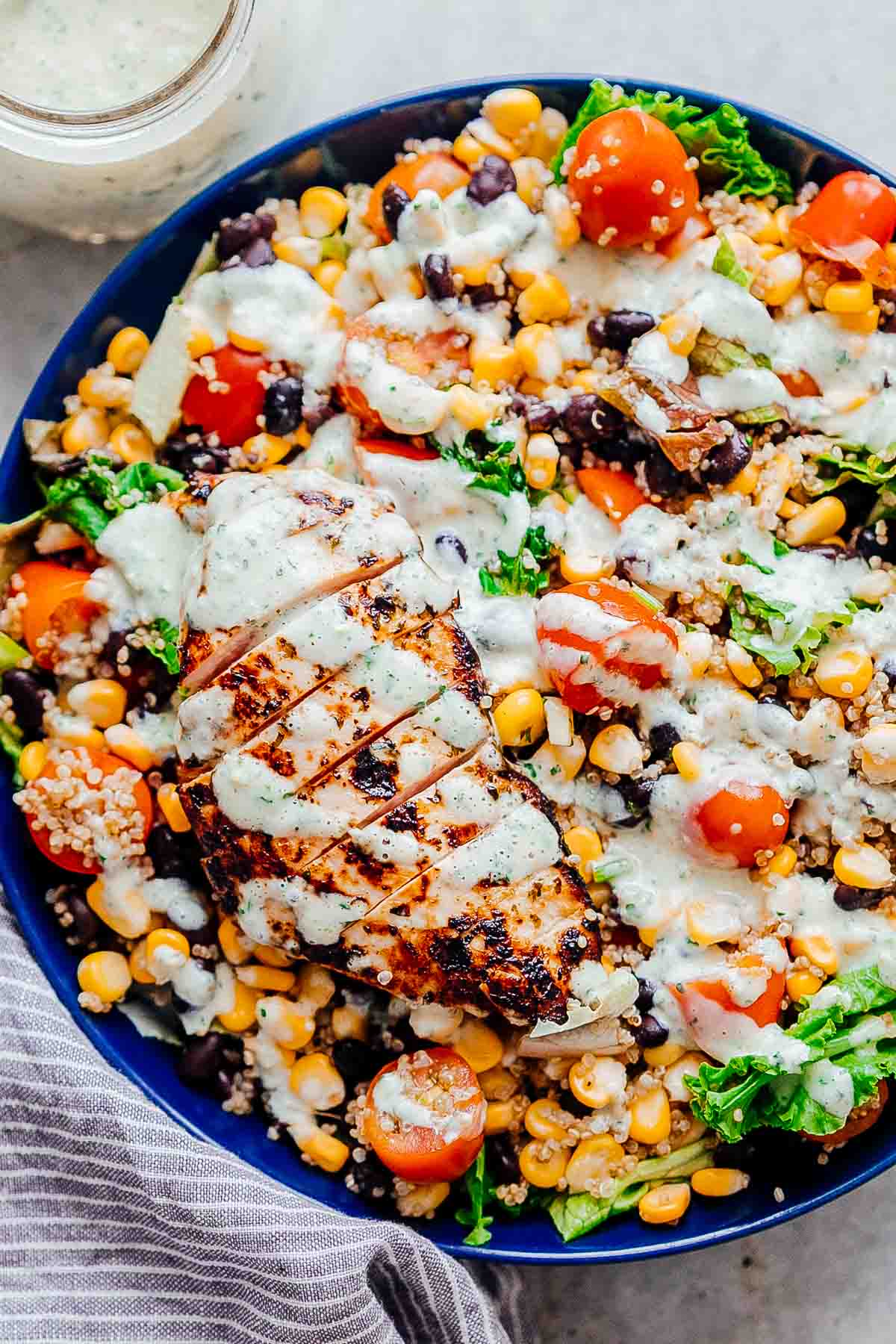 chicken quinoa and bean salad in a bowl
