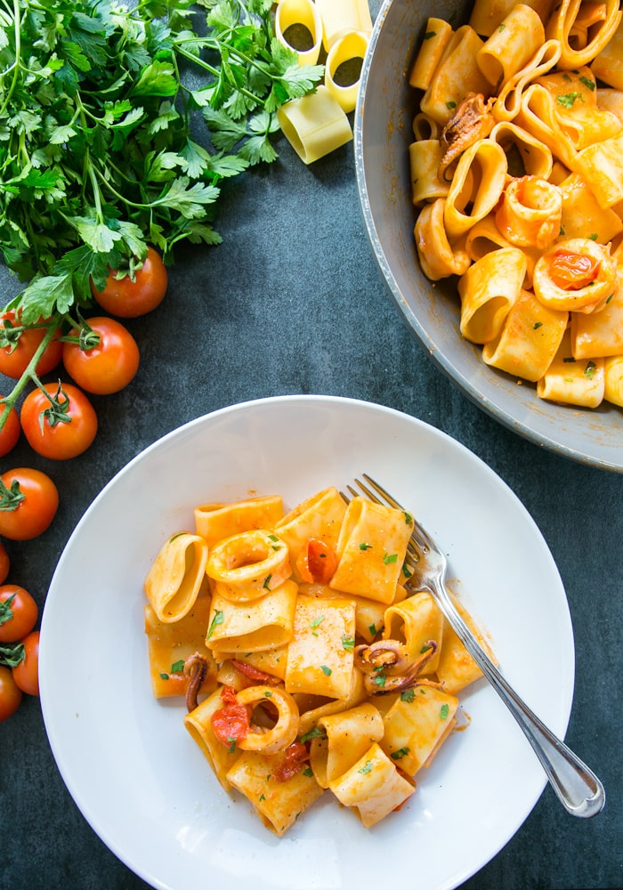 plate with calamarata pasta cooked with calamari and tomato sauce
