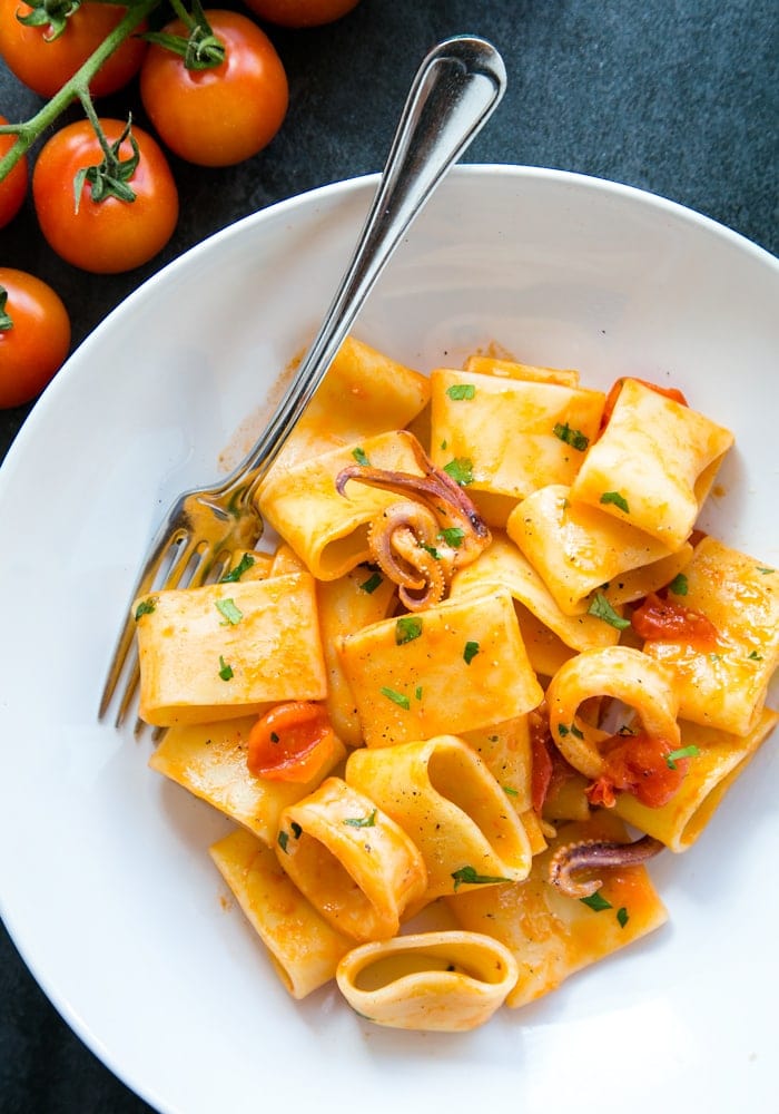 Italian Calamarata pasta with calamari and tomato sauce