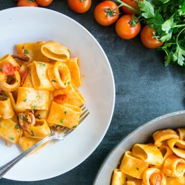 italian calamarata pasta with calamari and tomato sauce