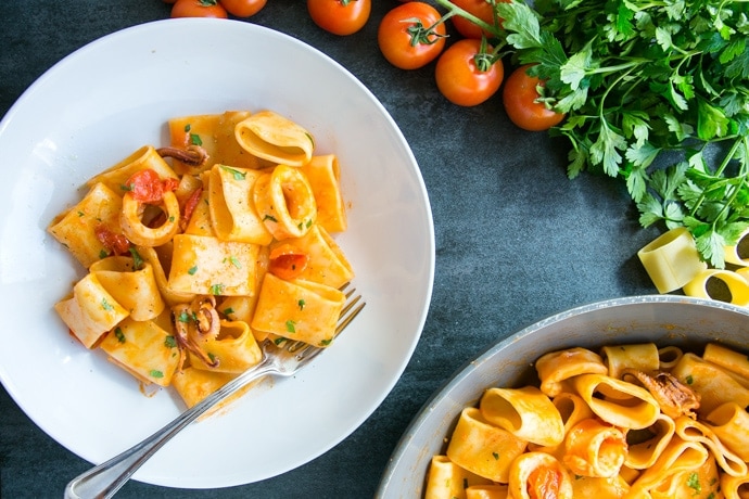 Italian Calamarata Pasta (with calamari & tomato sauce
