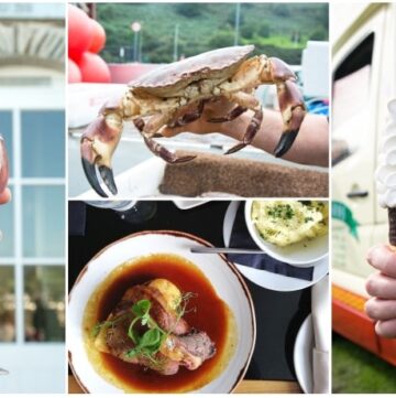 Reasons to visit Isle of Man picture collage: first image shows hand holding rhubarb wine, 2nd image showing sunday roast on a plate, 3rd image showing close up of crab alive, 4th image shows hand holding Manx vanilla ice cream cone with ice cream van in the background.