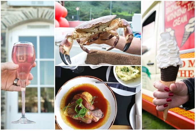 Reasons to visit Isle of Man picture collage: first image shows hand holding rhubarb wine, 2nd image showing sunday roast on a plate, 3rd image showing close up of crab alive, 4th image shows hand holding Manx vanilla ice cream cone with ice cream van in the background.