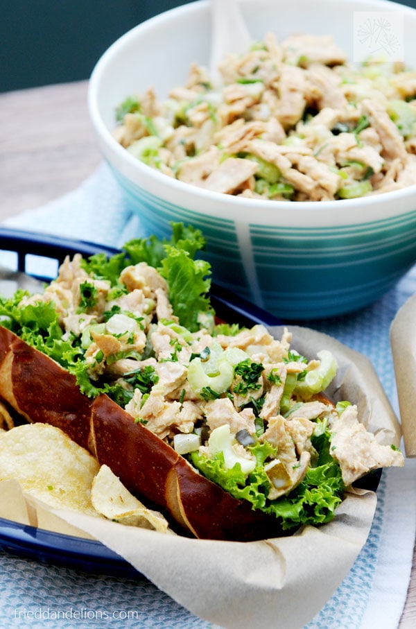 vegan chicken and pickles salad in a bun