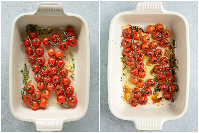collage of two images: cherry tomato confit in baking dish, before and after baking