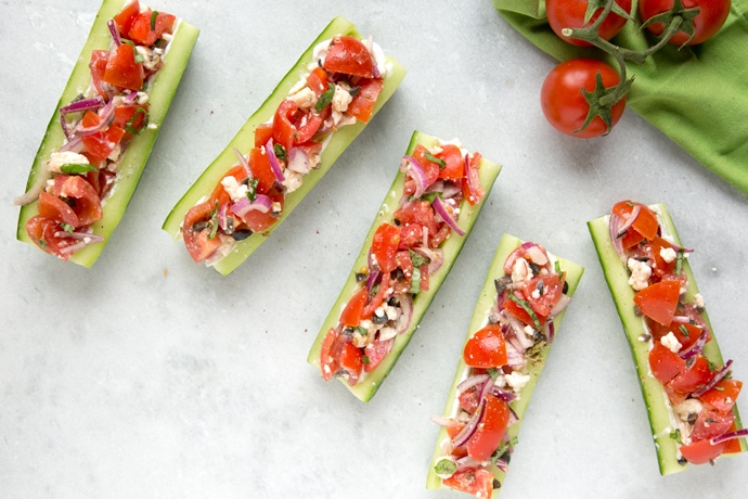 cucumber boats with greek salad filling