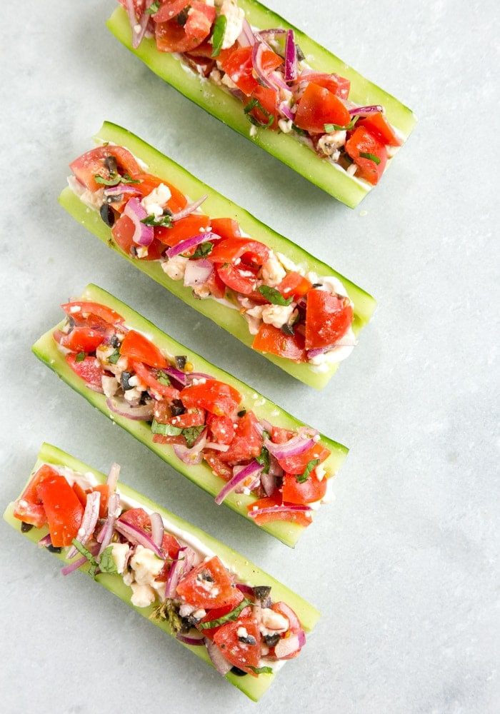 cucumber boats with greek salad filling