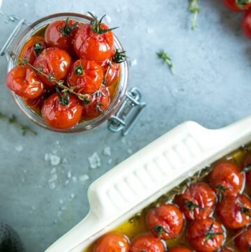 tomato confit in a jar and in a roasting tin