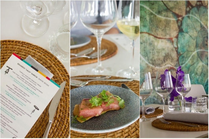 menu primmmavera festival on the left, tuna toast dish on restaurant table in the center, and restaurant table setting on the right
