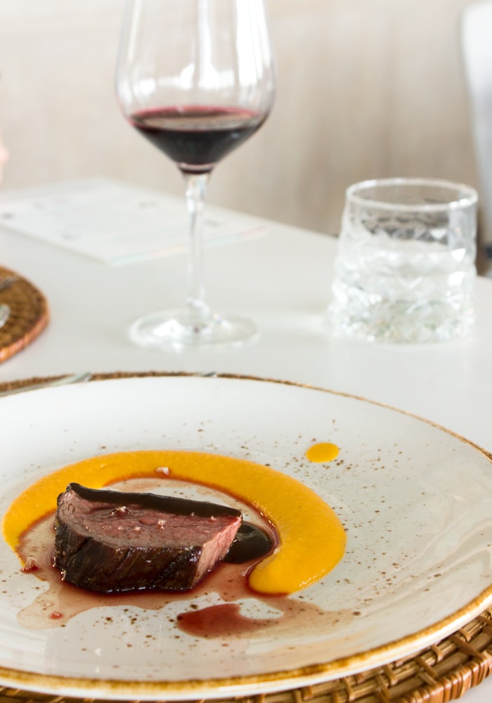 grilled rib eye with black mole and plantain on white plate, served with red wine pictured in the background and glass with water