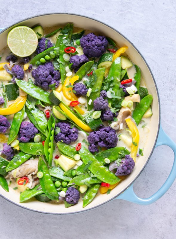 vegan thai green curry in large shallow pot