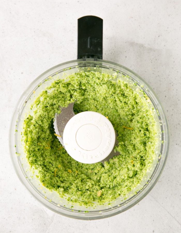 creamy broccoli pesto pasta sauce inside food processor