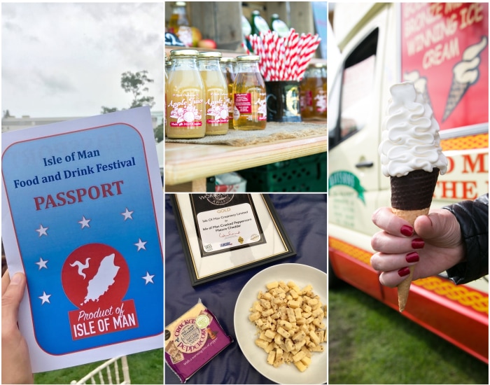 Collage pictures: first image shows hand holding Isle of Man Food and Drink Festival Passport mock up, 2nd image showing apple juice bottles on wood board, 3rd image showing chopped black peppered cheddar next to cheddar block and award certificate, 4th image shows hand holding Manx vanilla ice cream cone with ice cream van in the background.