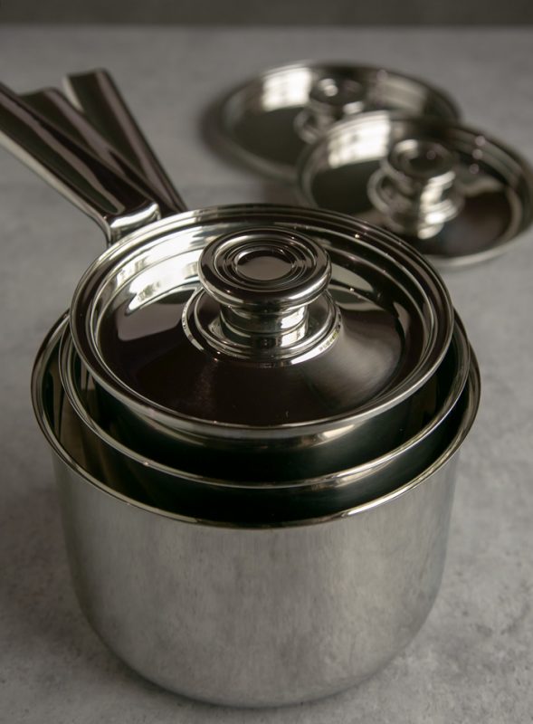 foodie gift guide: 3 piece stacked saucepan set, lids in the background