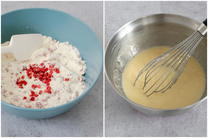 collage of two images: one bowl with dry ingredients, freeze-dried strawberries and white spatula. Another bowl with wet ingredients mixed and a whisk