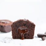 vegan chocolate muffin cut into half, image for pinterest