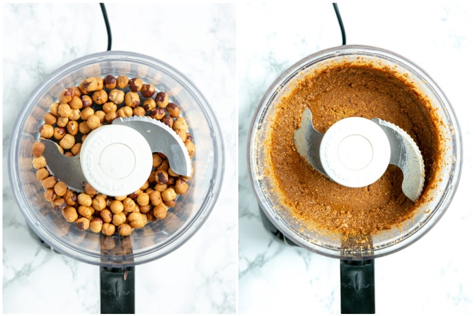 Recipe process shot 2, collage of 2 images: hazelnuts in food processor next to hazelnut paste in food processor