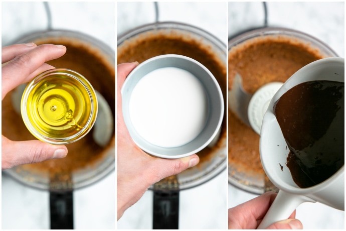 Recipe process shot 3, collage of three images: oil in small cup over food processor, milk in small cup over food processor, melted chocolate in small pan over food processor