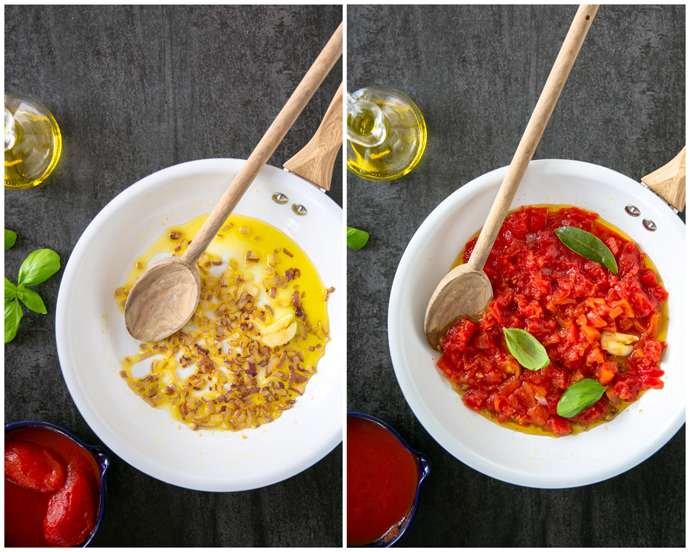 recipe step 2, collage of 2 images: first image of pan with stir-fried onion and garlic , second image of pan with chopped tomatoes, basil leaves and bay leaf added in.